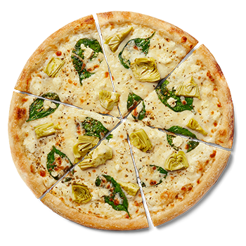 Top down of our Spinach Artichoke Dip pizza featuring olive oil, white sauce, chopped garlic, spinach, mozzarella, asiago, parmesan, feta, artichokes, oregano.